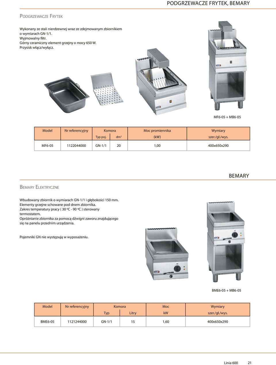 MF6-05 1122044000 GN-1/1 20 1,00 400x650x290 Bemary Elektryczne BEMARY Wbudowany zbiornik o wymiarach GN-1/1 i głębokości 150 mm. Elementy grzejne schowane pod dnem zbiornika.