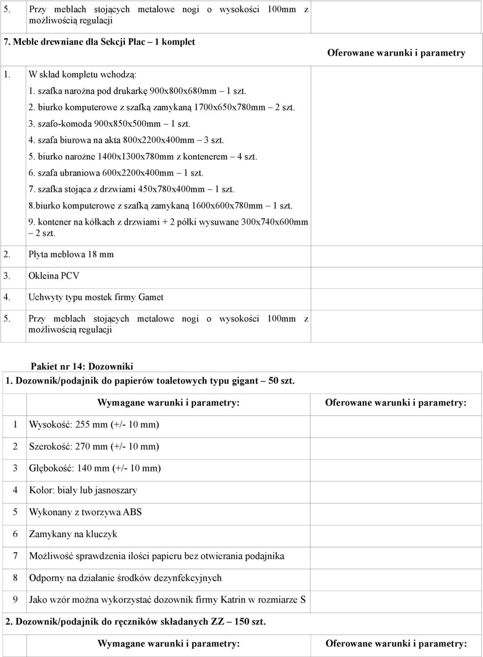 biurko narożne 1400x1300x780mm z kontenerem 4 szt. 6. szafa ubraniowa 600x2200x400mm 1 szt. 7. szafka stojąca z drzwiami 450x780x400mm 1 szt. 8.
