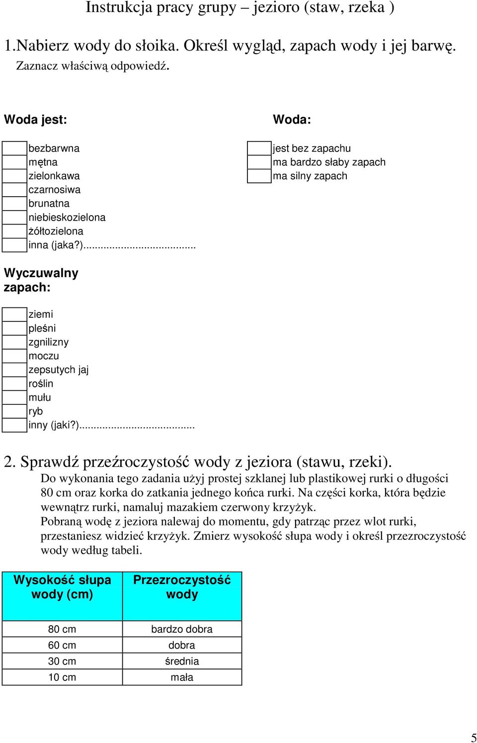 .. Woda: jest bez zapachu ma bardzo słaby zapach ma silny zapach Wyczuwalny zapach: ziemi pleśni zgnilizny moczu zepsutych jaj roślin mułu ryb inny (jaki?)... 2.