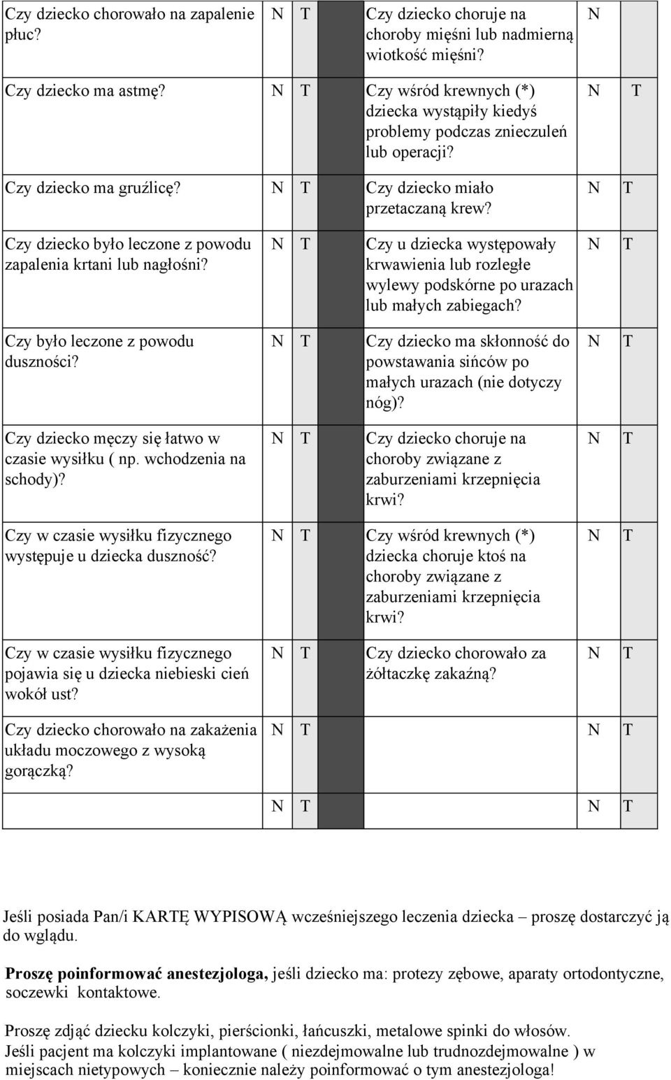 Czy dziecko było leczone z powodu zapalenia krtani lub nagłośni? Czy u dziecka występowały krwawienia lub rozległe wylewy podskórne po urazach lub małych zabiegach?