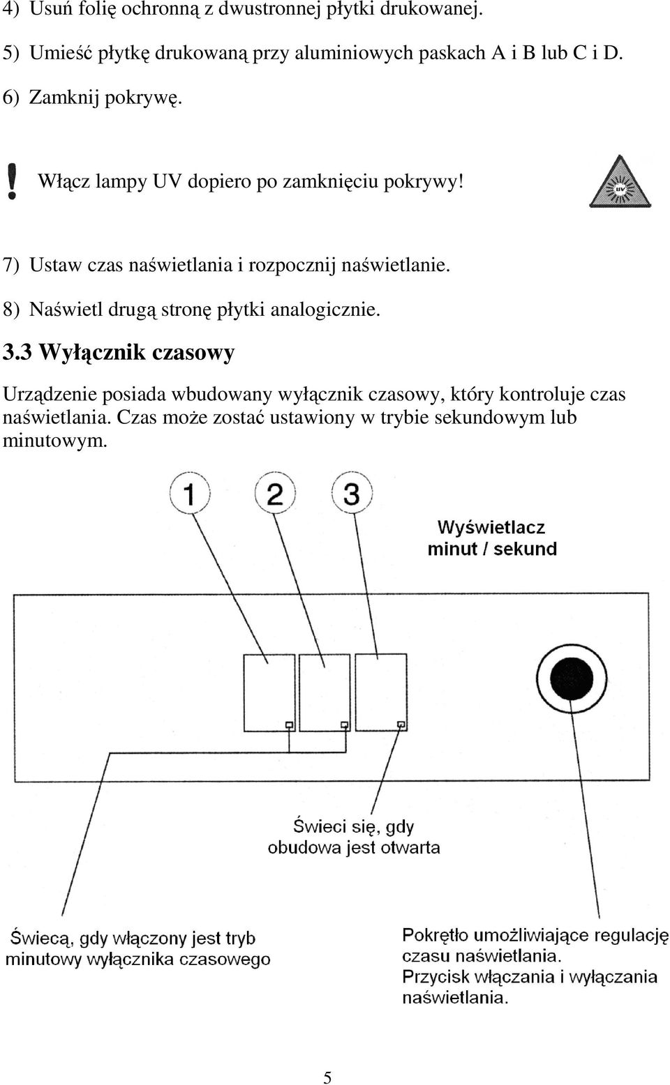 Włącz lampy UV dopiero po zamknięciu pokrywy! 7) Ustaw czas naświetlania i rozpocznij naświetlanie.