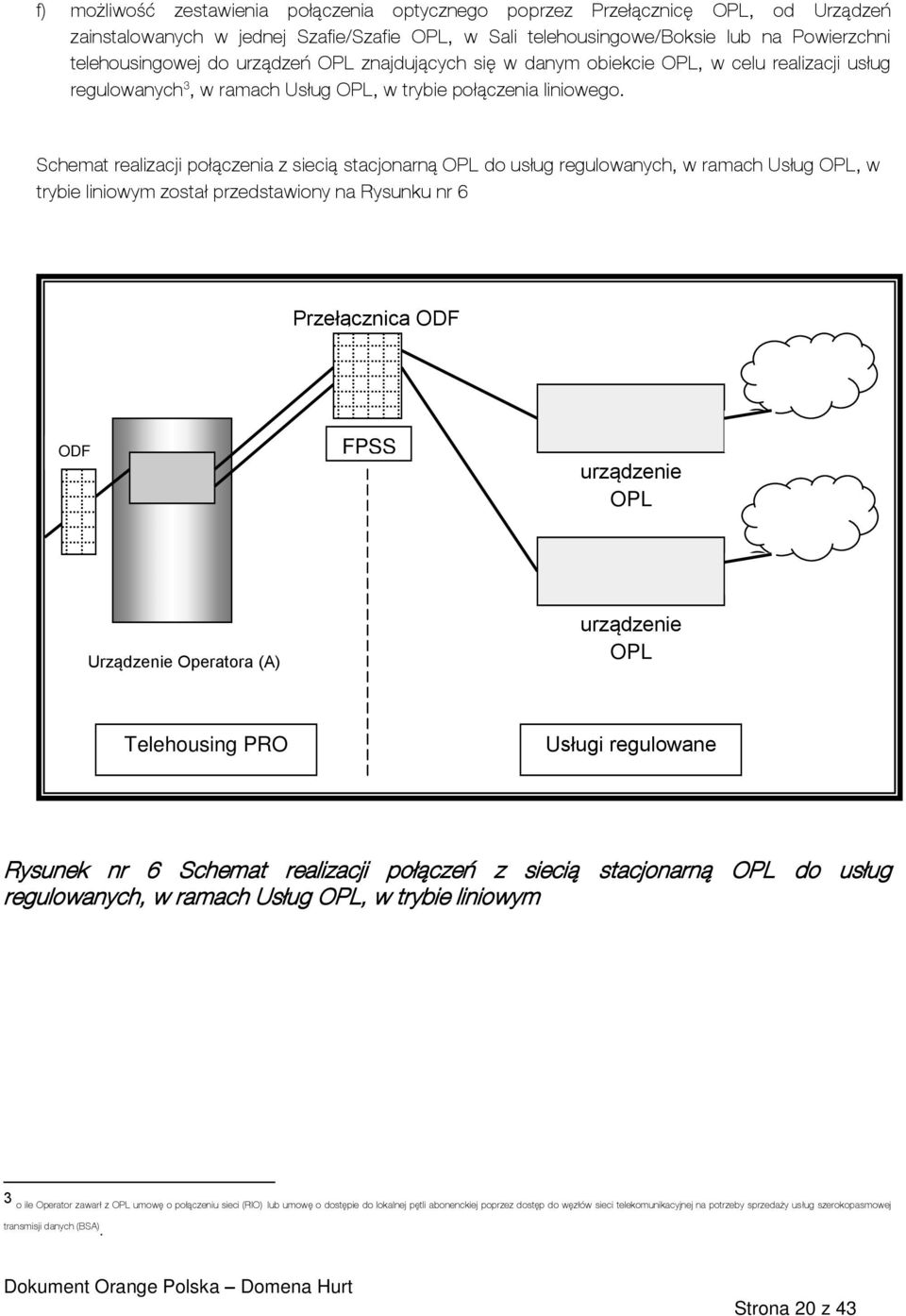 Schemat realizacji połączenia z siecią stacjonarną OPL do usług regulowanych, w ramach Usług OPL, w trybie liniowym został przedstawiony na Rysunku nr 6 Przełącznica ODF OPL ODF OPL Urządzenie