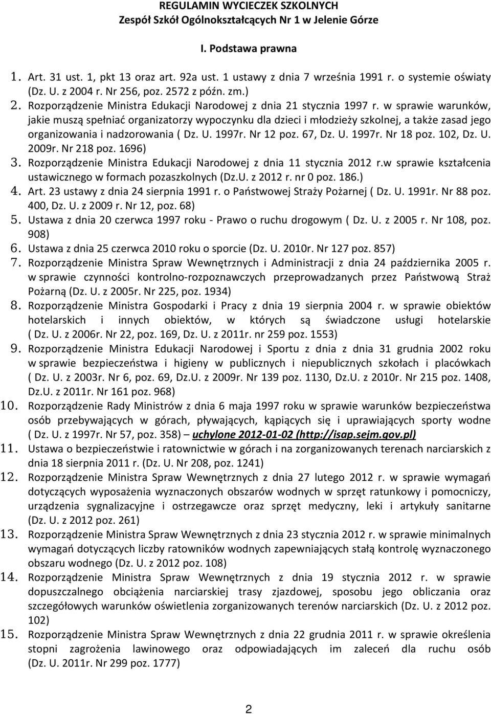 w sprawie warunków, jakie muszą spełniać organizatorzy wypoczynku dla dzieci i młodzieży szkolnej, a także zasad jego organizowania i nadzorowania ( Dz. U. 1997r. Nr 12 poz. 67, Dz. U. 1997r. Nr 18 poz.