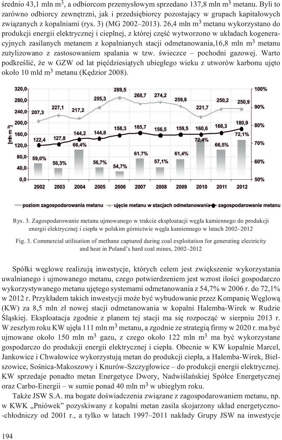 26,4 mln m 3 metanu wykorzystano do produkcji energii elektrycznej i cieplnej, z której czêœæ wytworzono w uk³adach kogeneracyjnych zasilanych metanem z kopalnianych stacji odmetanowania,16,8 mln m 3