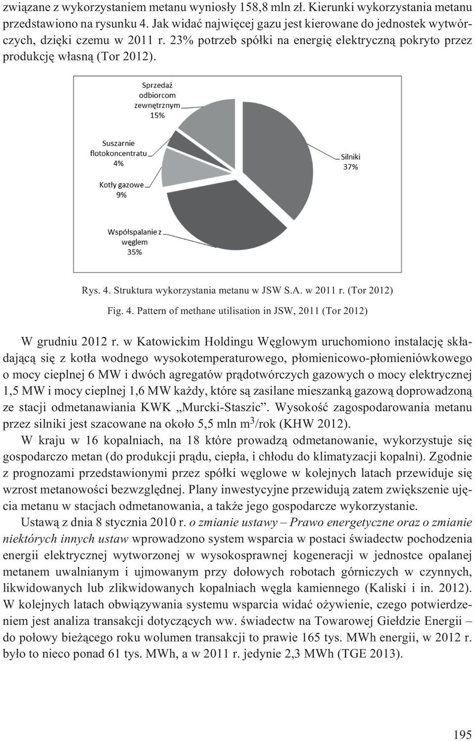 Struktura wykorzystania metanu w JSW S.A. w 2011 r. (Tor 2012) Fig. 4. Pattern of methane utilisation in JSW, 2011 (Tor 2012) W grudniu 2012 r.