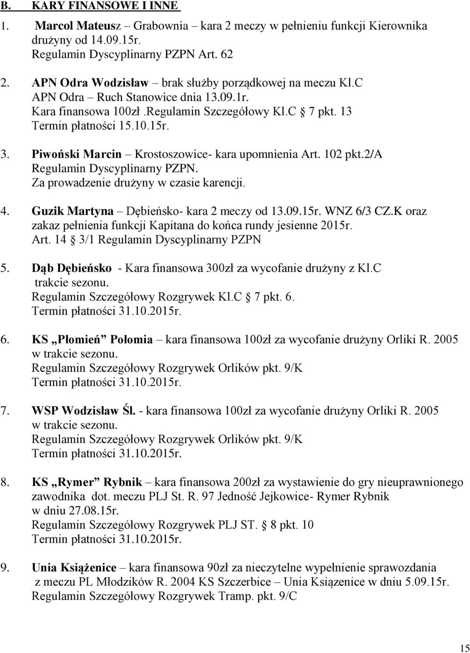 Piwoński Marcin Krostoszowice- kara upomnienia Art. 102 pkt.2/a Regulamin Dyscyplinarny PZPN. Za prowadzenie drużyny w czasie karencji. 4. Guzik Martyna Dębieńsko- kara 2 meczy od 13.09.15r.