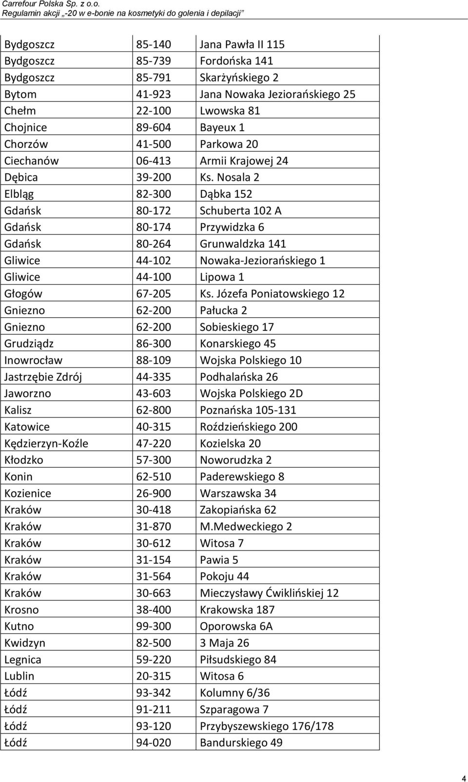 Nosala 2 Elbląg 82-300 Dąbka 152 Gdańsk 80-172 Schuberta 102 A Gdańsk 80-174 Przywidzka 6 Gdańsk 80-264 Grunwaldzka 141 Gliwice 44-102 Nowaka-Jeziorańskiego 1 Gliwice 44-100 Lipowa 1 Głogów 67-205 Ks.