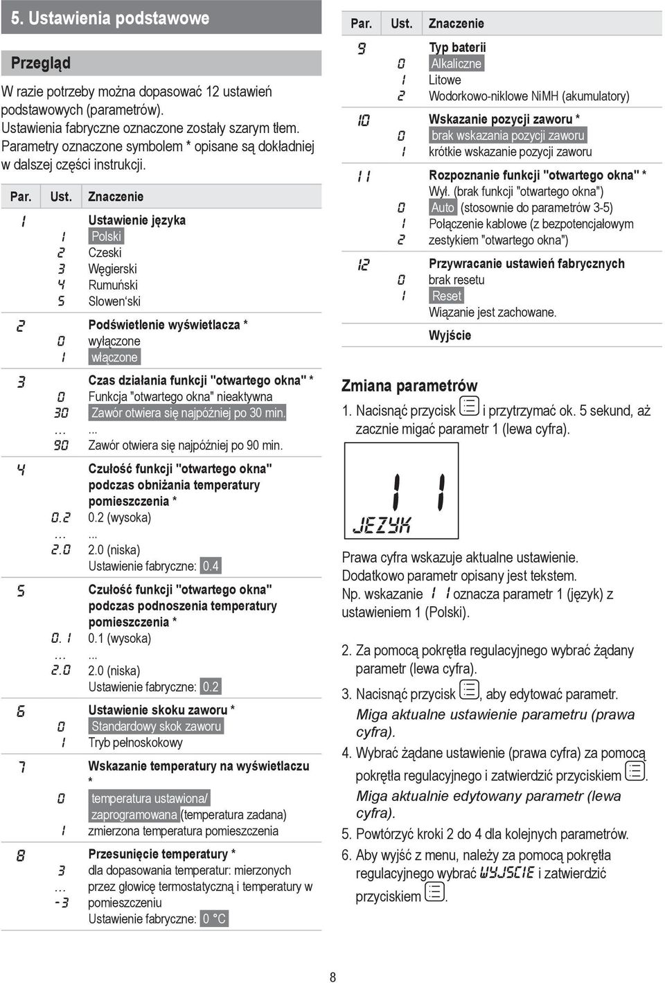 ... 3-3 Ustawene języka Polsk Czesk Węgersk Rumuńsk Slowen sk Podśwetlene wyśwetlacza * wyłączone włączone Czas dzałana funkcj "otwartego okna" * Funkcja "otwartego okna" neaktywna Zawór otwera sę