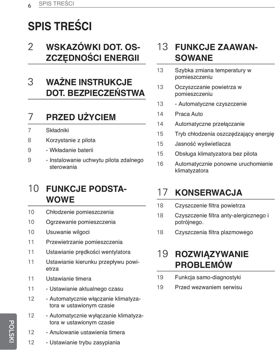 Ogrzewanie pomieszczenia 10 Usuwanie wilgoci 11 Przewietrzanie pomieszczenia 11 Ustawianie prędkości wentylatora 11 Ustawianie kierunku przepływu powietrza 11 Ustawianie timera 11 - Ustawianie