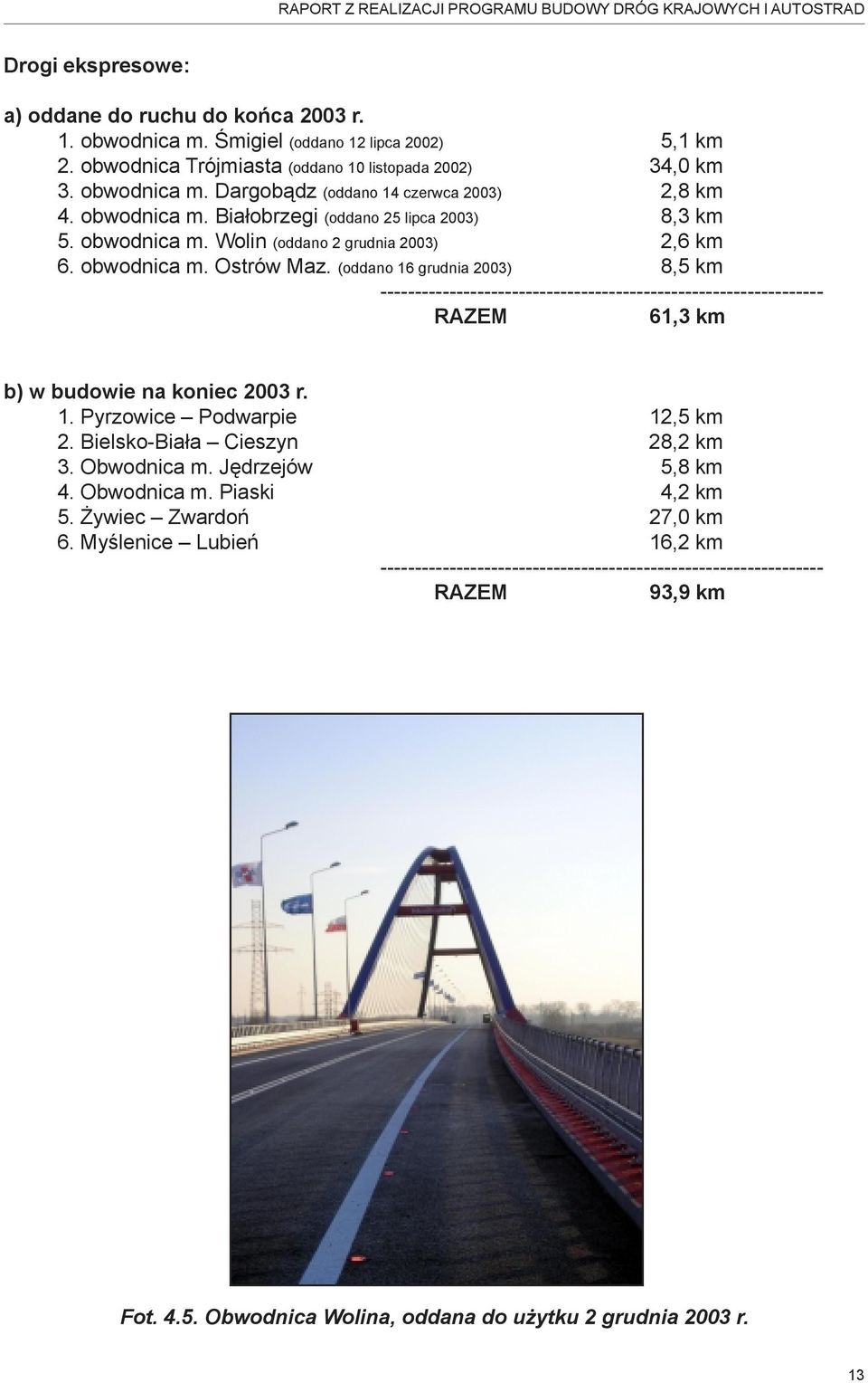 obwodnica m. Ostrów Maz. (oddano 16 grudnia 2003) 8,5 km RAZEM 61,3 km b) w budowie na koniec 2003 r. 1. Pyrzowice Podwarpie 12,5 km 2. Bielsko-Biała Cieszyn 28,2 km 3. Obwodnica m.