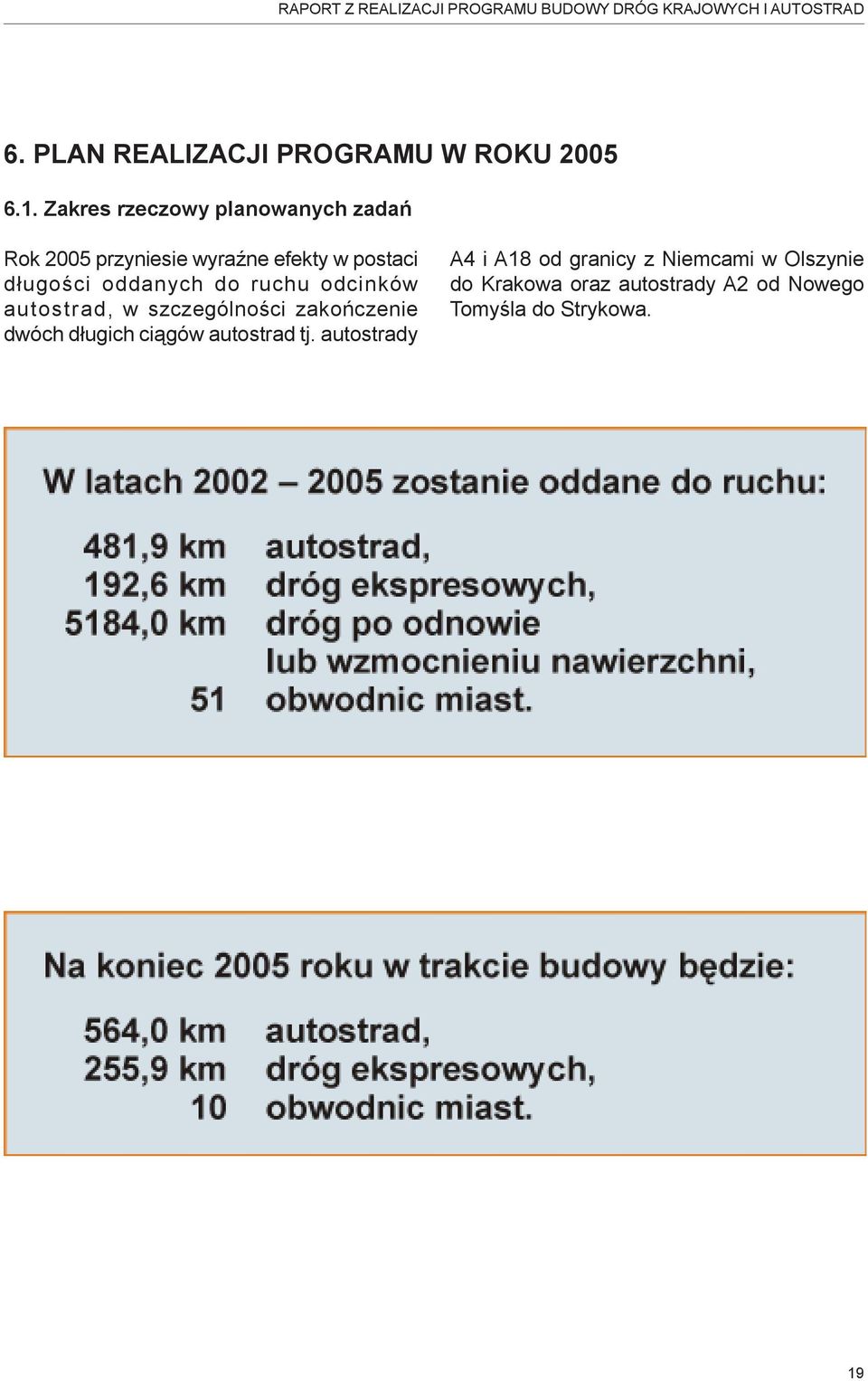 Zakres rzeczowy planowanych zadań Rok 2005 przyniesie wyraźne efekty w postaci długości oddanych do