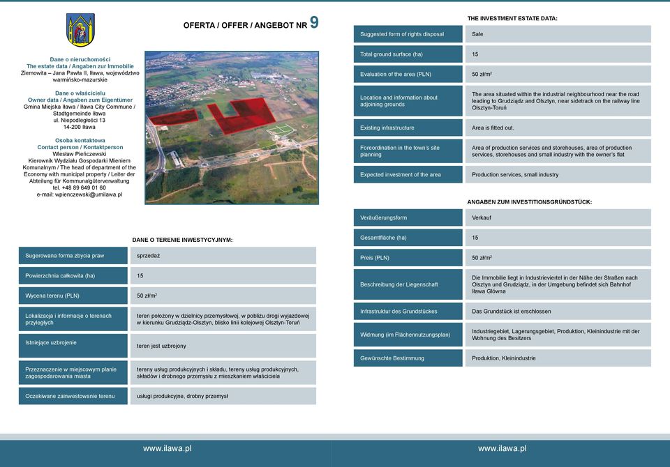 Area of production services and storehouses, area of production services, storehouses and small industry with the owner s flat Production services, small industry Gesamtfläche (ha) 15 Preis (PLN) 50