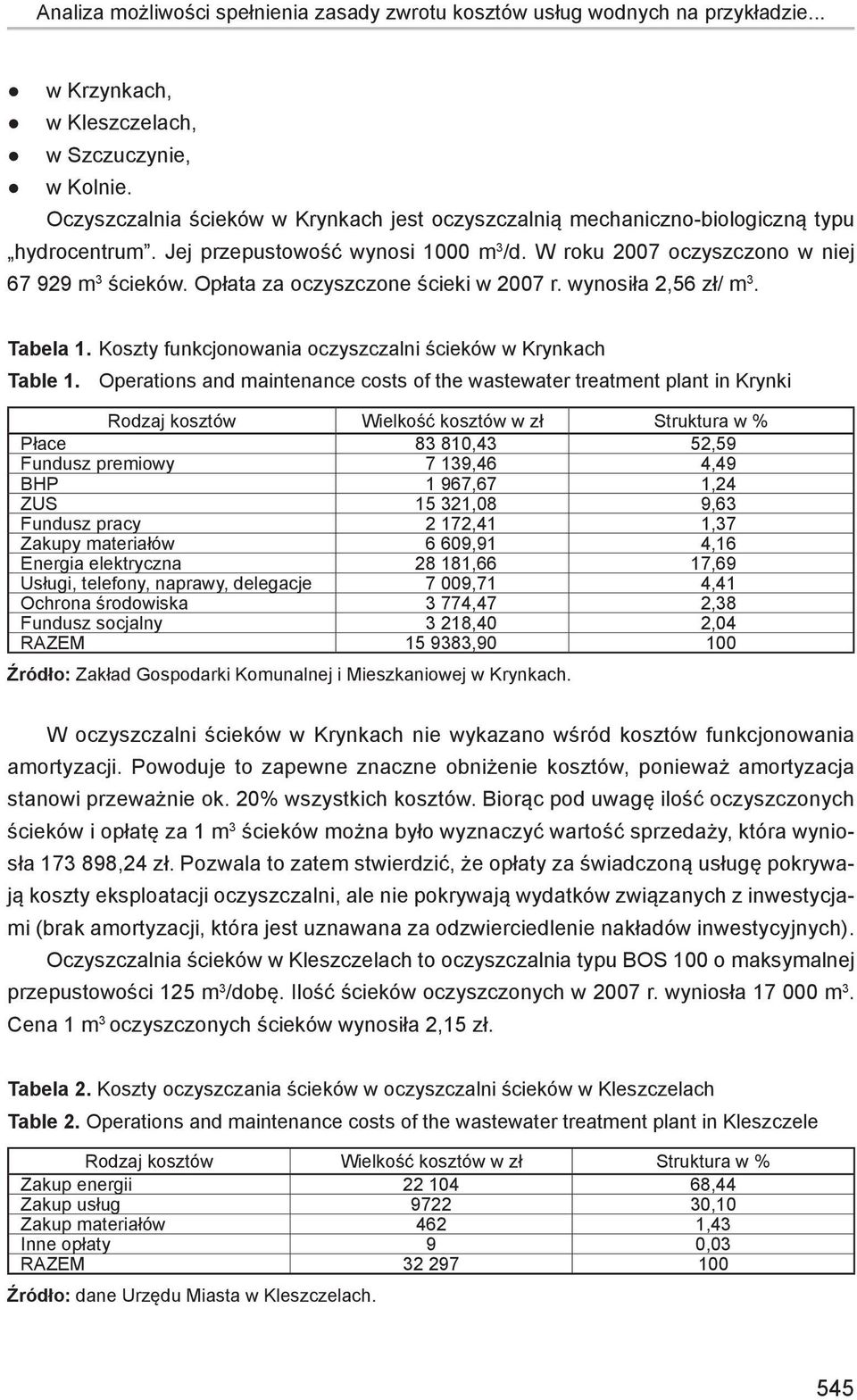 Opłata za oczyszczone ścieki w 2007 r. wynosiła 2,56 zł/ m 3. Tabela 1. Koszty funkcjonowania oczyszczalni ścieków w Krynkach Table 1.