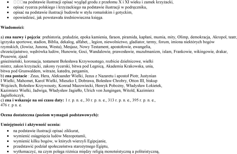 Wiadomości: a) zna nazwy i pojęcia: prehistoria, praludzie, epoka kamienia, faraon, piramida, kapłani, mumia, mity, Olimp, demokracja, Akropol, teatr, igrzyska sportowe, stadion, Biblia, dekalog,