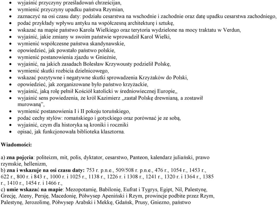 w swoim państwie wprowadził Karol Wielki, wymienić współczesne państwa skandynawskie, opowiedzieć, jak powstało państwo polskie, wymienić postanowienia zjazdu w Gnieźnie, wyjaśnić, na jakich zasadach