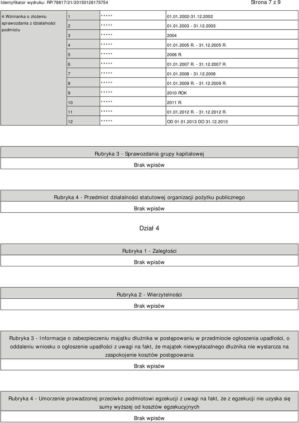 12.2013 Rubryka 3 - Sprawozdania grupy kapitałowej Rubryka 4 - Przedmiot działalności statutowej organizacji pożytku publicznego Dział 4 Rubryka 1 - Zaległości Rubryka 2 - Wierzytelności Rubryka 3 -