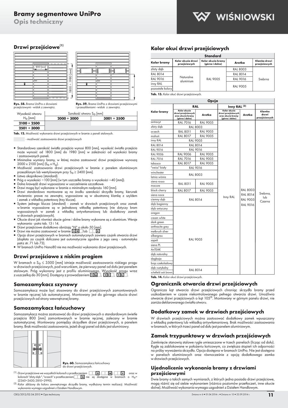 - możliwość zastosowania drzwi przejściowych tandardowa szerokość światła przejścia wynosi 800 [mm], wysokość światła przejścia może wynosić od 1800 [mm] do 1980 [mm] w zależności od wysokości bramy