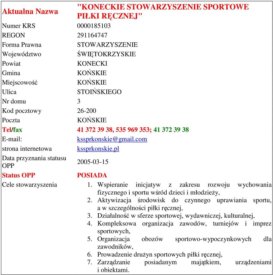 Aktywizacja środowisk do czynnego uprawiania sportu, a w szczególności piłki ręcznej, 3. Działalność w sferze sportowej, wydawniczej, kulturalnej, 4.