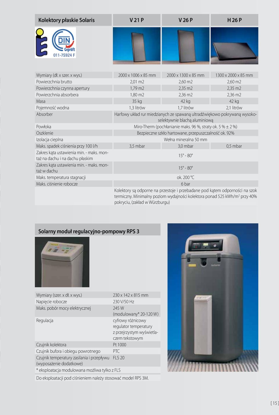 2,36 m2 Masa 35 kg 42 kg 42 kg Pojemność wodna 1,3 litrów 1,7 litrów 2,1 litrów Absorber Harfowy układ rur miedzianych ze spawaną ultradźwiękowo pokrywaną wysokoselektywnie blachą aluminiową Powłoka