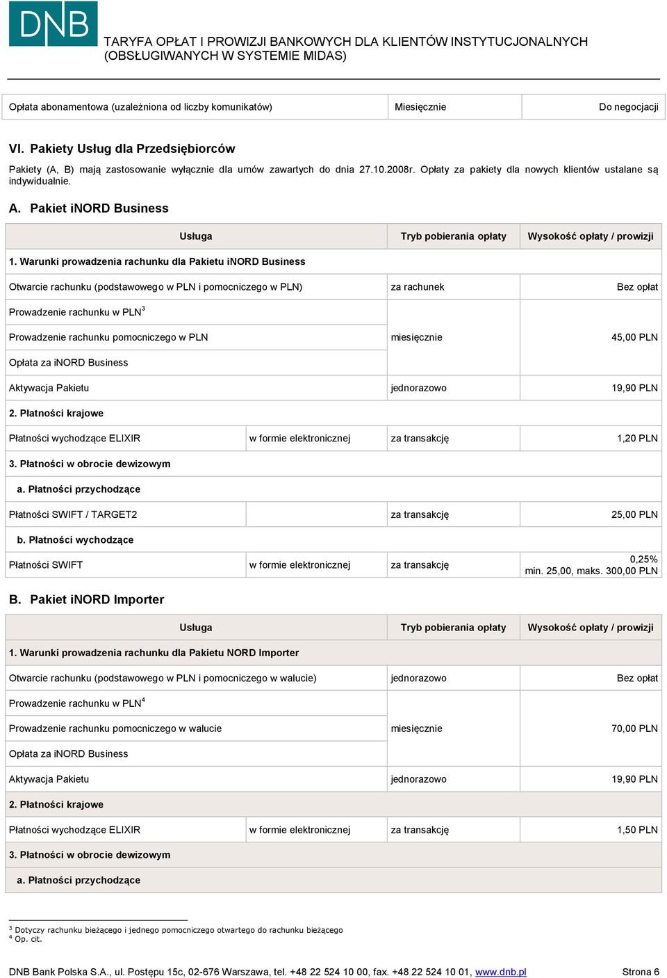 Warunki prowadzenia rachunku dla Pakietu inord Business Otwarcie rachunku (podstawowego w PLN i pomocniczego w PLN) za rachunek Bez opłat Prowadzenie rachunku w PLN 3 Prowadzenie rachunku