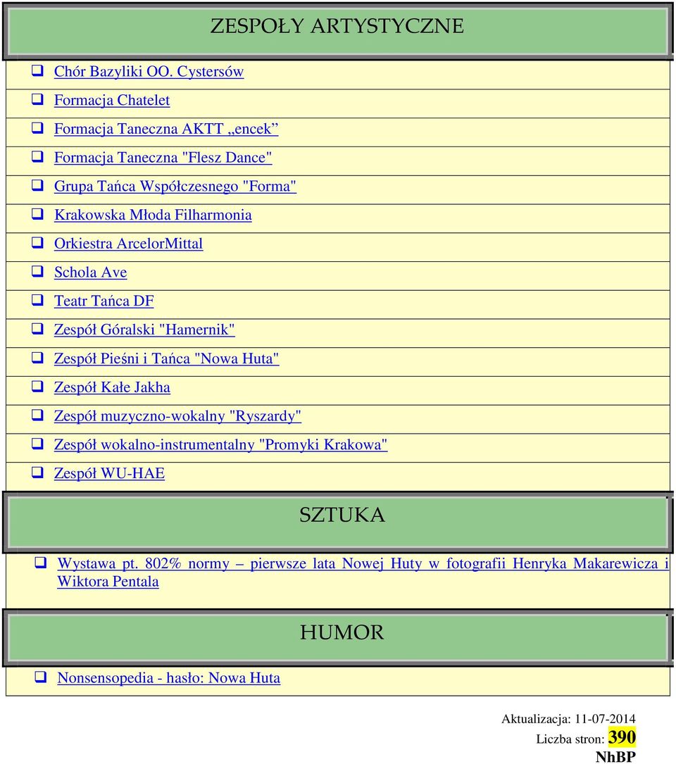 Orkiestra ArcelorMittal Schola Ave Teatr Tańca DF Zespół Góralski "Hamernik" Zespół Pieśni i Tańca "Nowa Huta" Zespół Kałe Jakha Zespół