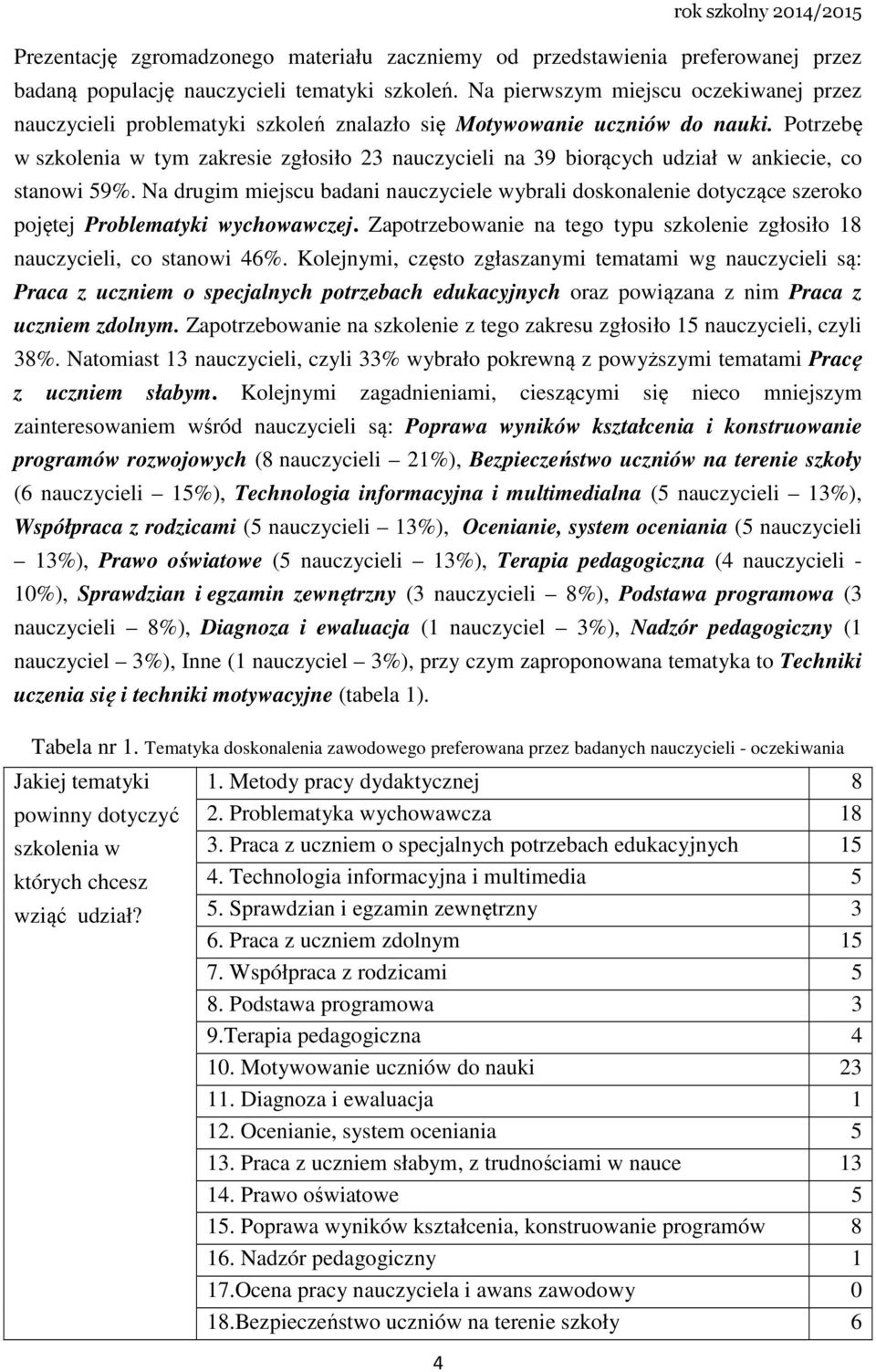 Potrzebę w szkolenia w tym zakresie zgłosiło 23 nauczycieli na 39 biorących udział w ankiecie, co stanowi 59%.