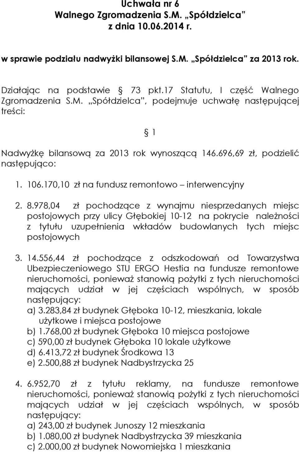 978,04 zł pochodzące z wynajmu niesprzedanych miejsc postojowych przy ulicy Głębokiej 10-12 na pokrycie należności z tytułu uzupełnienia wkładów budowlanych tych miejsc postojowych 3. 14.