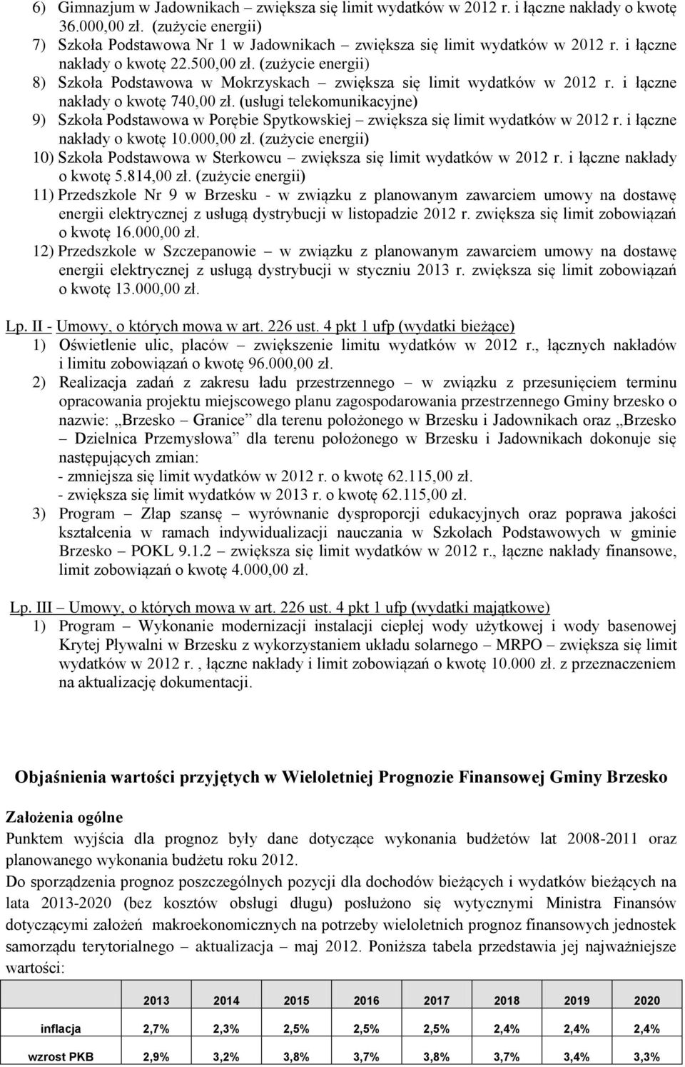 (usługi telekomunikacyjne) 9) Szkoła Podstawowa w Porębie Spytkowskiej zwiększa się limit wydatków w 2012 r. i łączne nakłady o kwotę 10.000,00 zł.