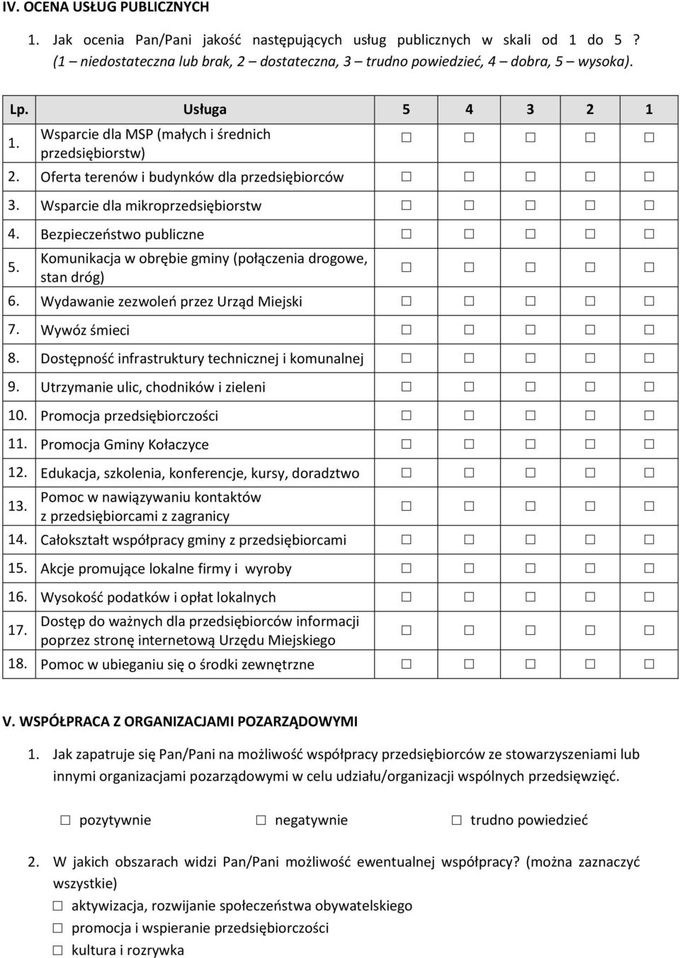 Komunikacja w obrębie gminy (połączenia drogowe, stan dróg) 6. Wydawanie zezwoleń przez Urząd Miejski 7. Wywóz śmieci 8. Dostępność infrastruktury technicznej i komunalnej 9.