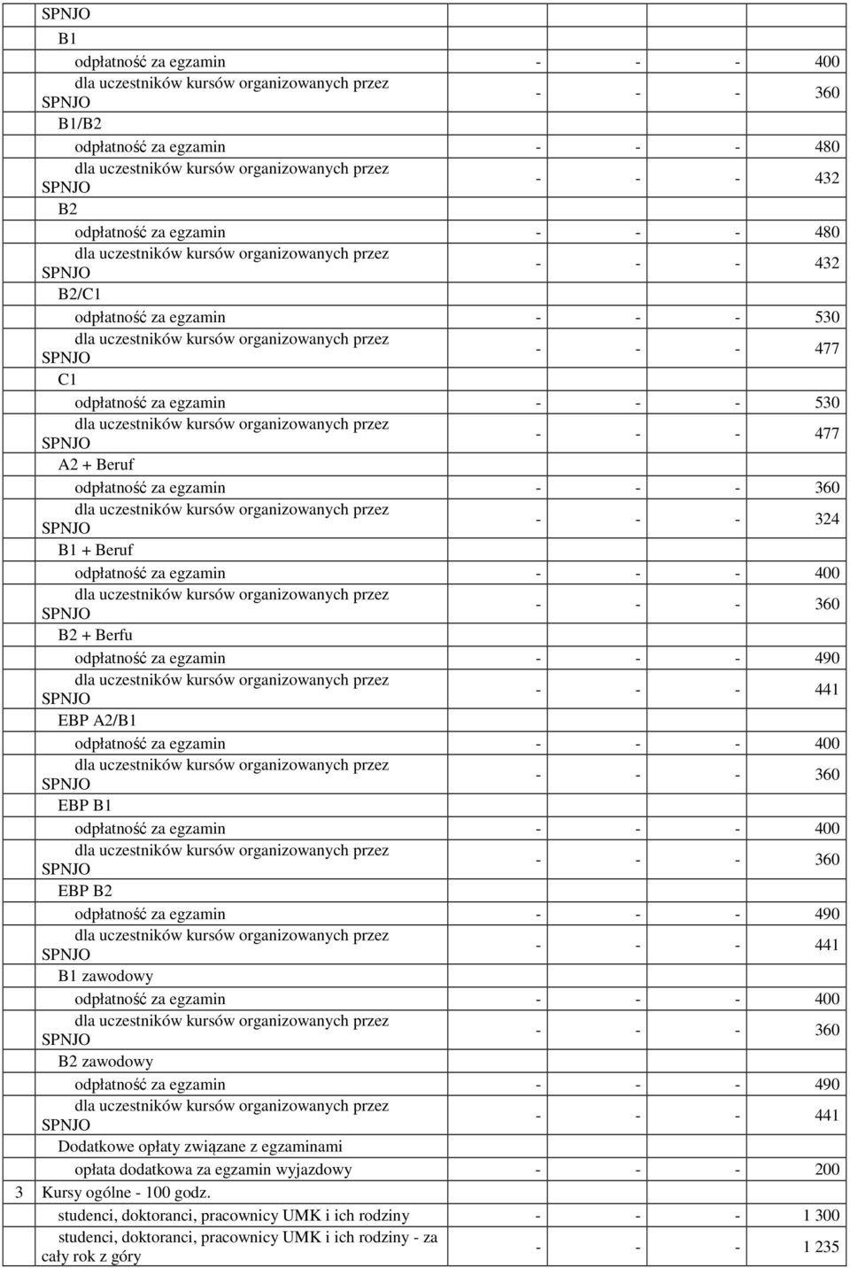 - 441 EBP A2/B1 EBP B1 EBP B2 odpłatność za egzamin - - - 490 - - - 441 B1 zawodowy B2 zawodowy odpłatność za egzamin - - - 490 - - - 441