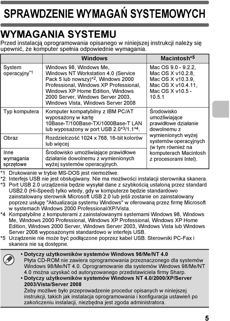 0 (Service Pack 5 lub nowszy)* 2, Windows 2000 Professional, Windows XP Professional, Windows XP Home Edition, Windows 2000 Server, Windows Server 2003, Windows Vista, Windows Server 2008 Komputer