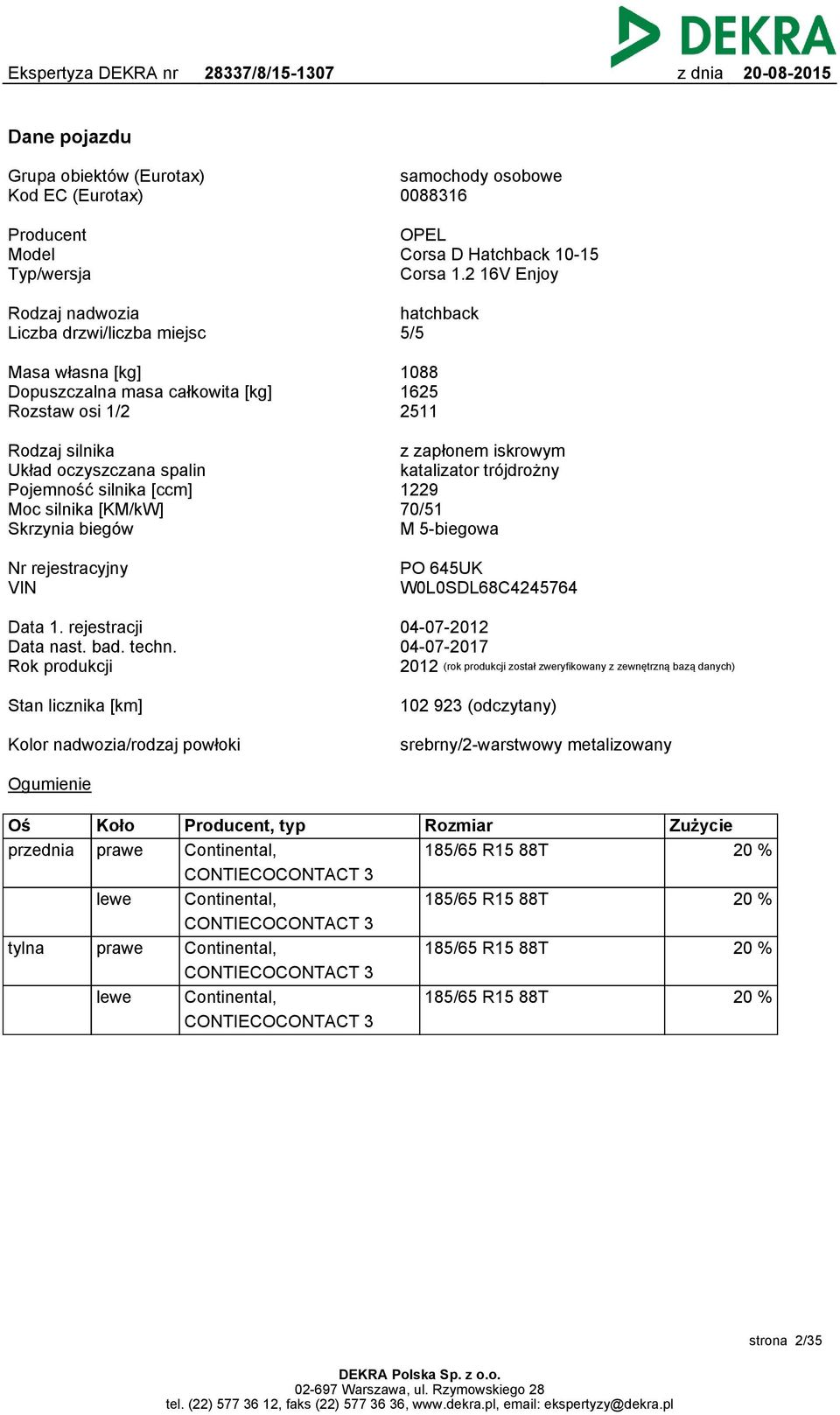 silnika [ccm] Moc silnika [KM/kW] Skrzynia biegów z zapłonem iskrowym katalizator trójdrożny 1229 70/51 M 5-biegowa Nr rejestracyjny VIN PO 645UK W0L0SDL68C4245764 Data 1. rejestracji Data nast. bad.