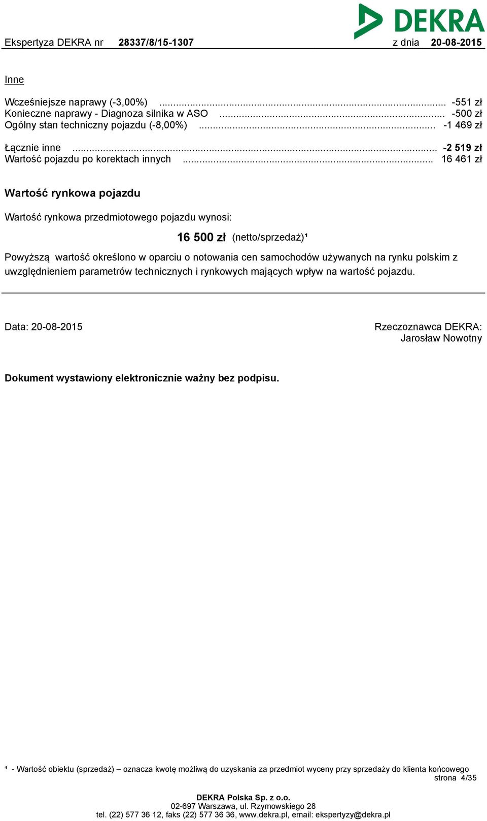 .. 16 461 zł Wartość rynkowa pojazdu Wartość rynkowa przedmiotowego pojazdu wynosi: 16 500 zł (netto/sprzedaż)¹ Powyższą wartość określono w oparciu o notowania cen samochodów