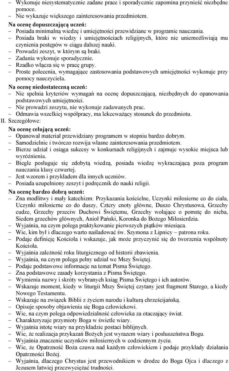 Posiada braki w wiedzy i umiejętnościach religijnych, które nie uniemożliwiają mu czynienia postępów w ciągu dalszej nauki. Prowadzi zeszyt, w którym są braki. Zadania wykonuje sporadycznie.