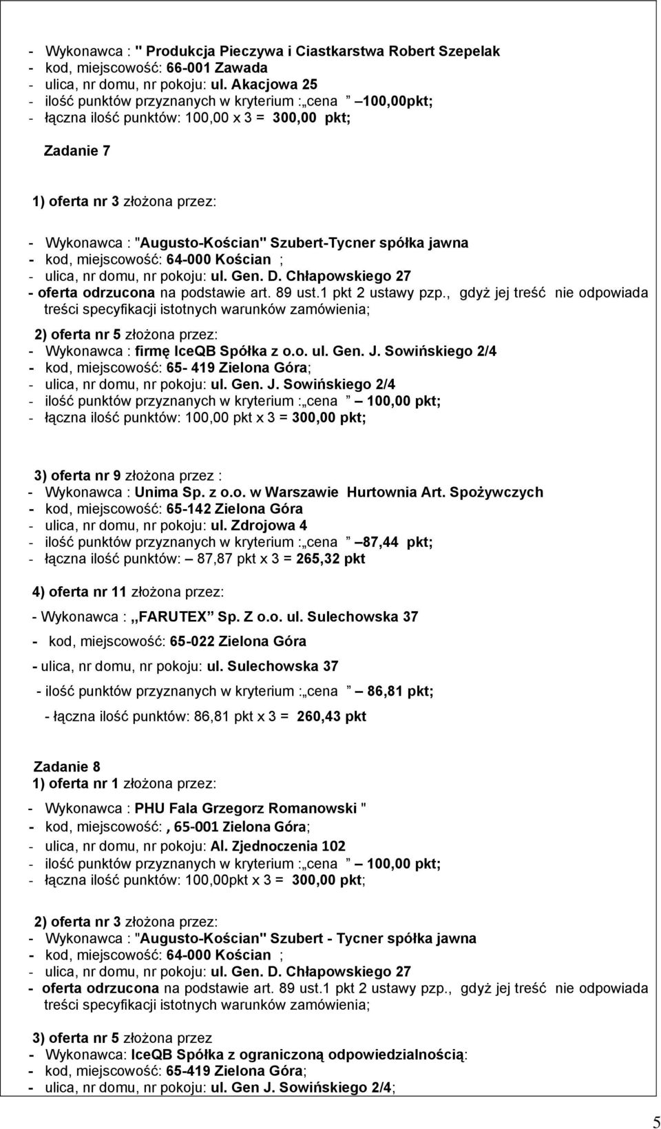 Szubert-Tycner spółka jawna - kod, miejscowość: 64-000 Kościan ; - ulica, nr domu, nr pokoju: ul. Gen. D. Chłapowskiego 27 - oferta odrzucona na podstawie art. 89 ust.1 pkt 2 ustawy pzp.