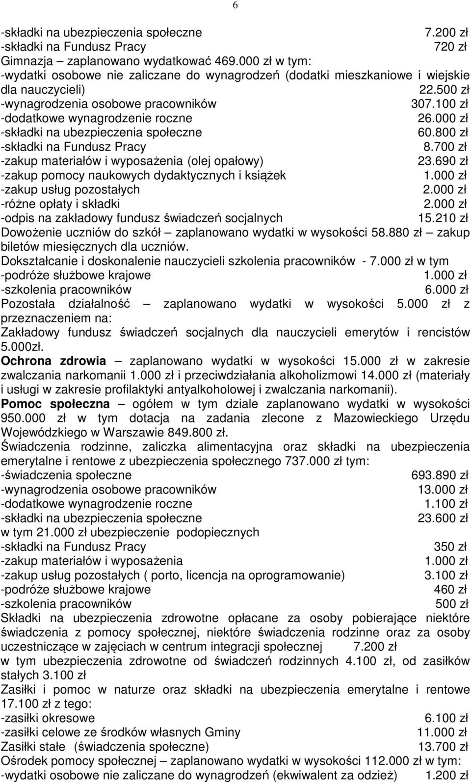 210 zł Dowożenie uczniów do szkół zaplanowano wydatki w wysokości 58.880 zł zakup biletów miesięcznych dla uczniów. Dokształcanie i doskonalenie nauczycieli szkolenia pracowników - 7.000 zł w tym 6.