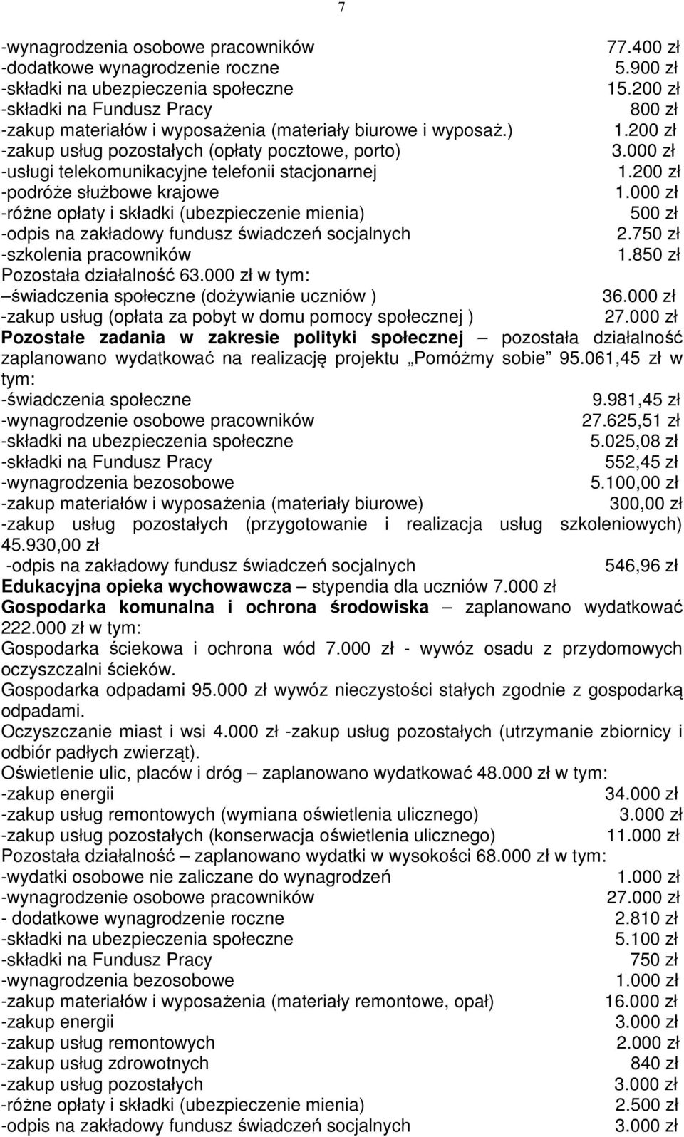 850 zł Pozostała działalność 6 w tym: świadczenia społeczne (dożywianie uczniów ) 36.000 zł -zakup usług (opłata za pobyt w domu pomocy społecznej ) 27.