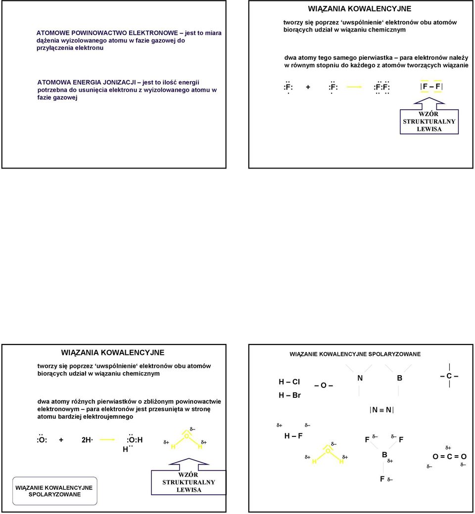równym stopniu do każdego z atomów tworzących wiązanie :: + :: ::: WZÓR STRUKTURALNY LEWISA WIĄZANIA KWALENYJNE tworzy się poprzez uwspólnienie elektronów obu atomów biorących udział w wiązaniu