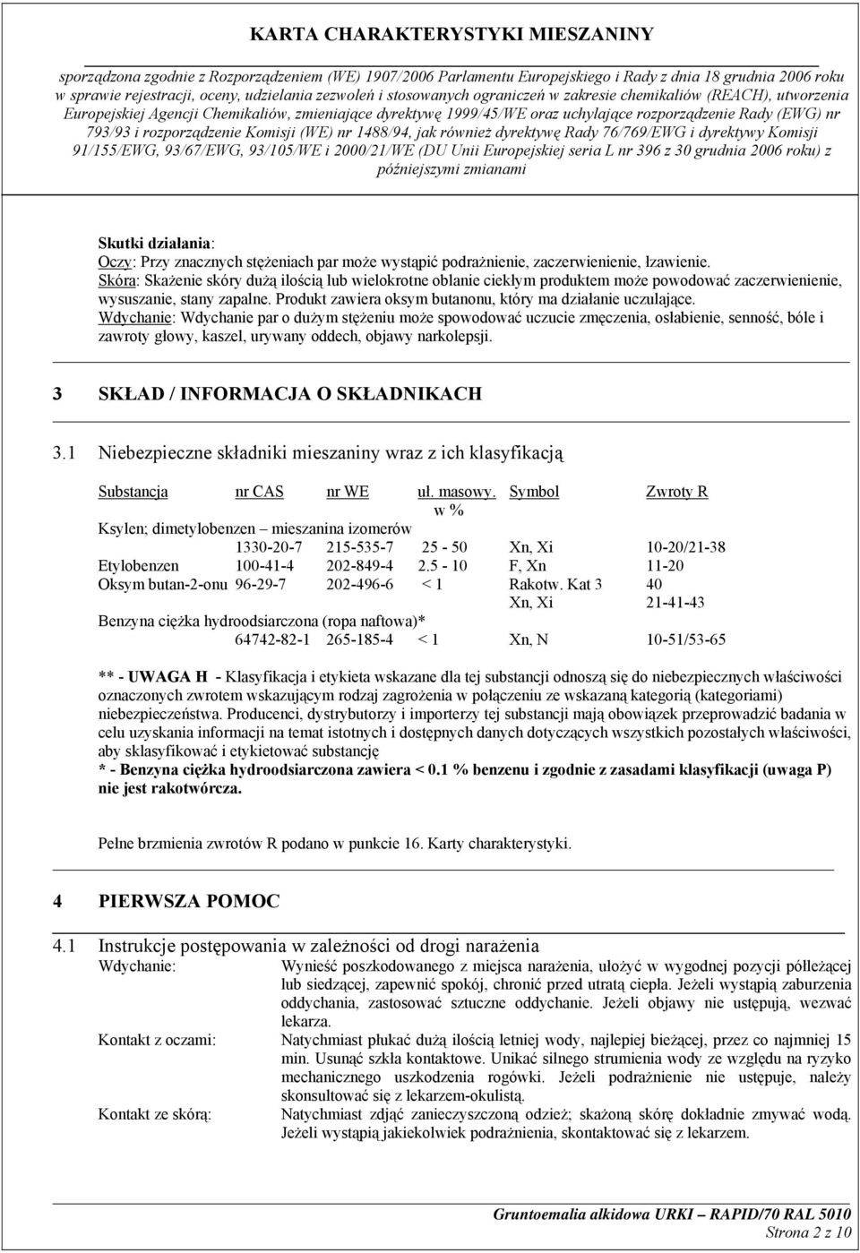 Wdychanie: Wdychanie par o dużym stężeniu może spowodować uczucie zmęczenia, osłabienie, senność, bóle i zawroty głowy, kaszel, urywany oddech, objawy narkolepsji.