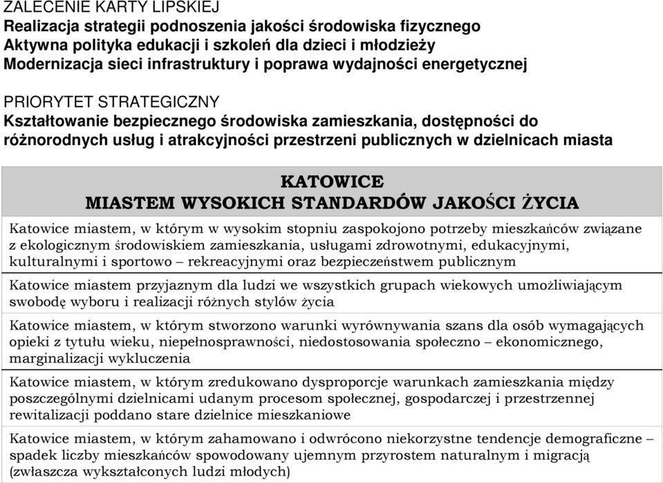 KATOWICE MIASTEM WYSOKICH STANDARDÓW JAKOŚCI ŻYCIA Katowice miastem, w którym w wysokim stopniu zaspokojono potrzeby mieszkańców związane z ekologicznym środowiskiem zamieszkania, usługami