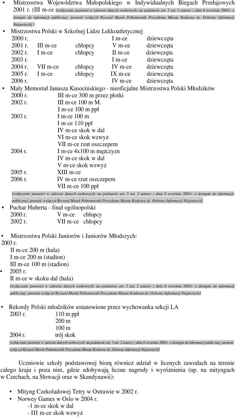 Ochrony Informacji Niejawnych]) Mistrzostwa Polski w Szkolnej Lidze Lekkoatletycznej 2000 r. I m-ce dziewczęta 2001 r. III m-ce chłopcy V m-ce dziewczęta 2002 r.