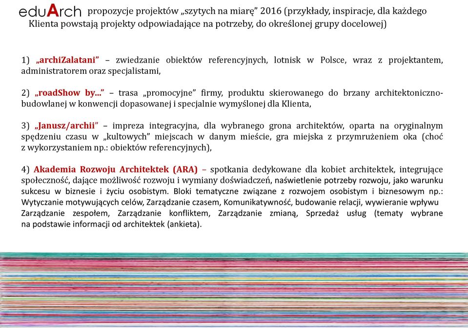 konwencji dopasowanej i specjalnie wymyślonej dla Klienta, 3) Janusz/archii impreza integracyjna, dla wybranego grona architektów, oparta na oryginalnym spędzeniu czasu w kultowych miejscach w danym