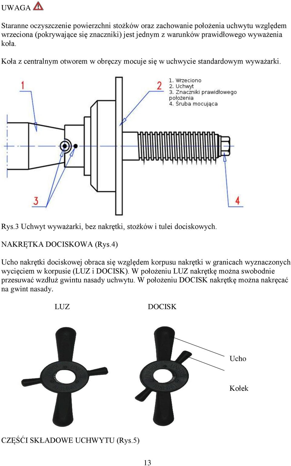 NAKRĘTKA DOCISKOWA (Rys.4) Ucho nakrętki dociskowej obraca się względem korpusu nakrętki w granicach wyznaczonych wycięciem w korpusie (LUZ i DOCISK).