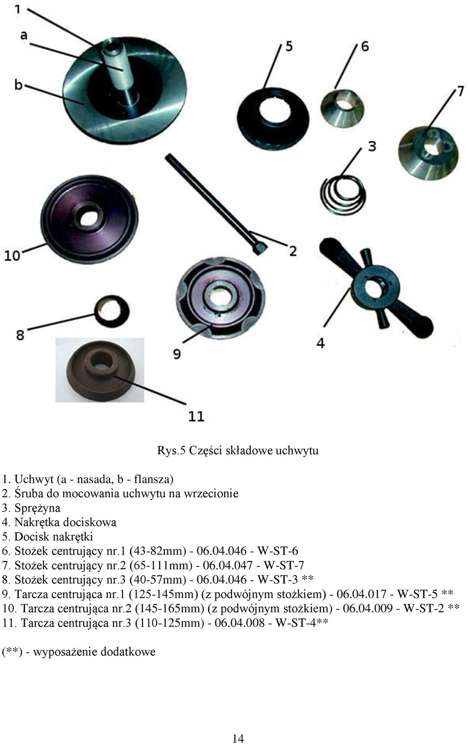 Stożek centrujący nr.3 (40-57mm) - 06.04.046 - W-ST-3 ** 9. Tarcza centrująca nr.1 (125-145mm) (z podwójnym stożkiem) - 06.04.017 - W-ST-5 ** 10.