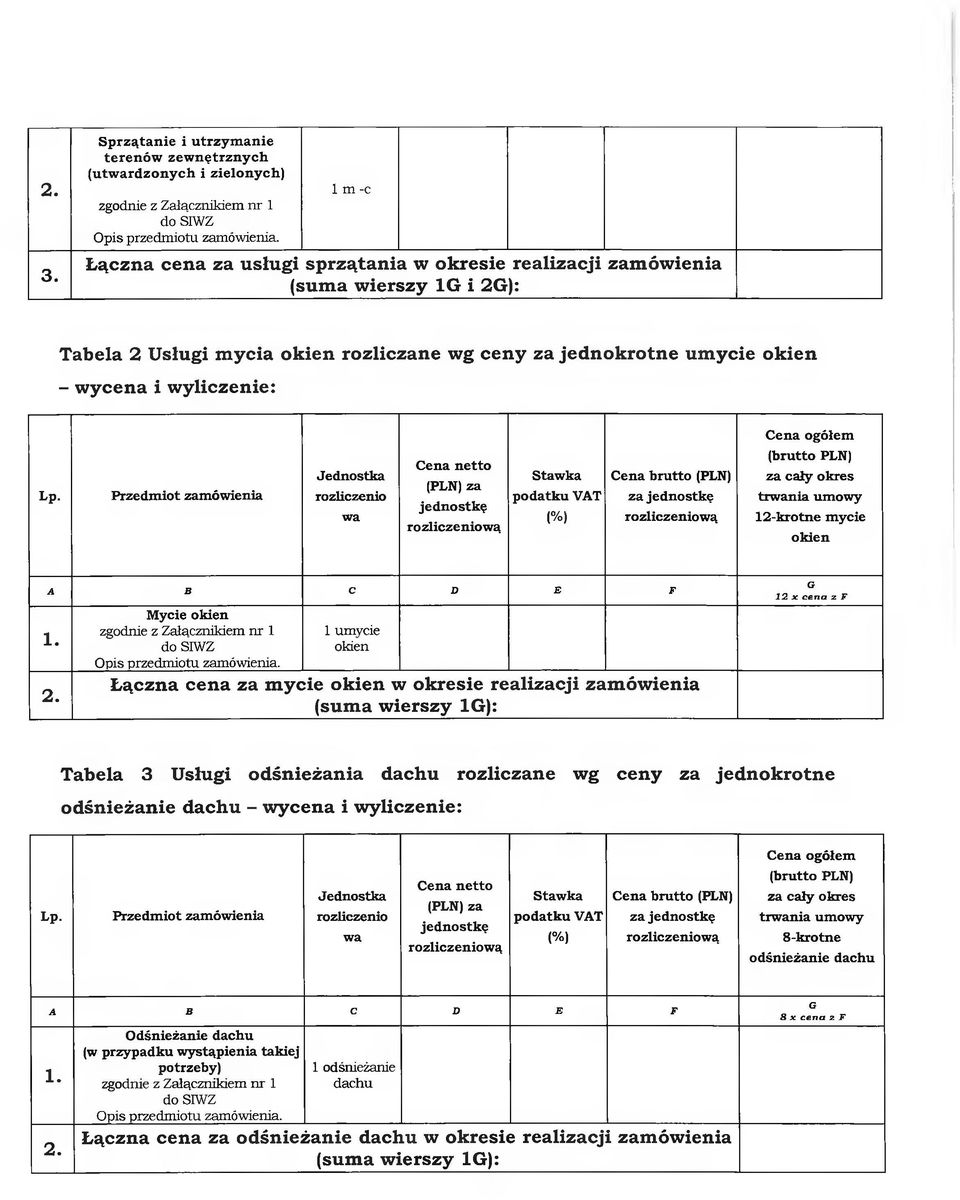 Mycie okien 1 umycie okien Łączna cena za mycie okien w okresie realizacji zamówienia (suma wierszy IG): a 12 x c e n a z F Tabela 3 Usługi odśnieżania dachu rozliczane wg ceny za jednokrotne