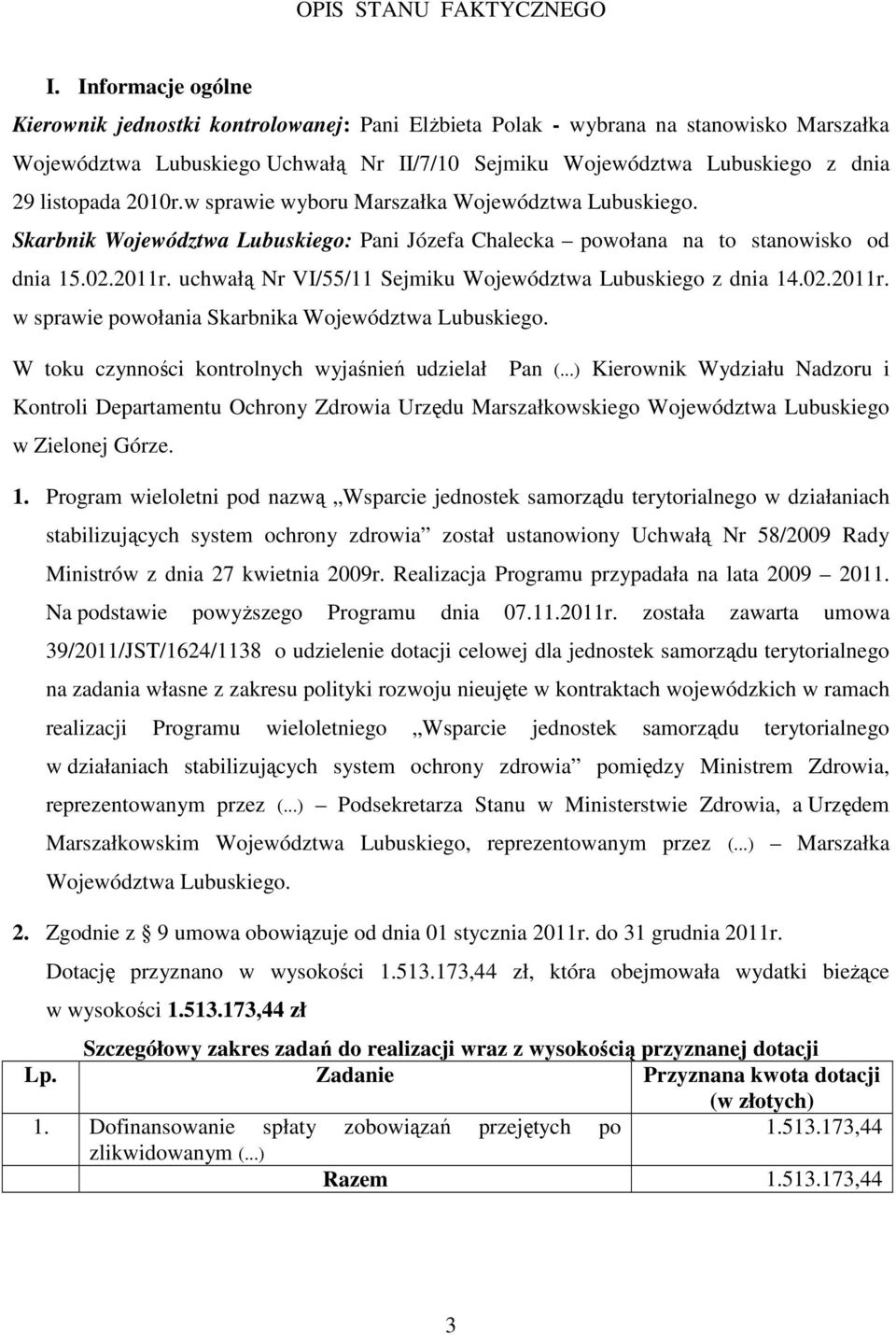 2010r.w sprawie wyboru Marszałka Województwa Lubuskiego. Skarbnik Województwa Lubuskiego: Pani Józefa Chalecka powołana na to stanowisko od dnia 15.02.2011r.