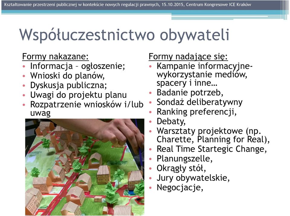 mediów, spacery i inne Badanie potrzeb, Sondaż deliberatywny Ranking preferencji, Debaty, Warsztaty projektowe