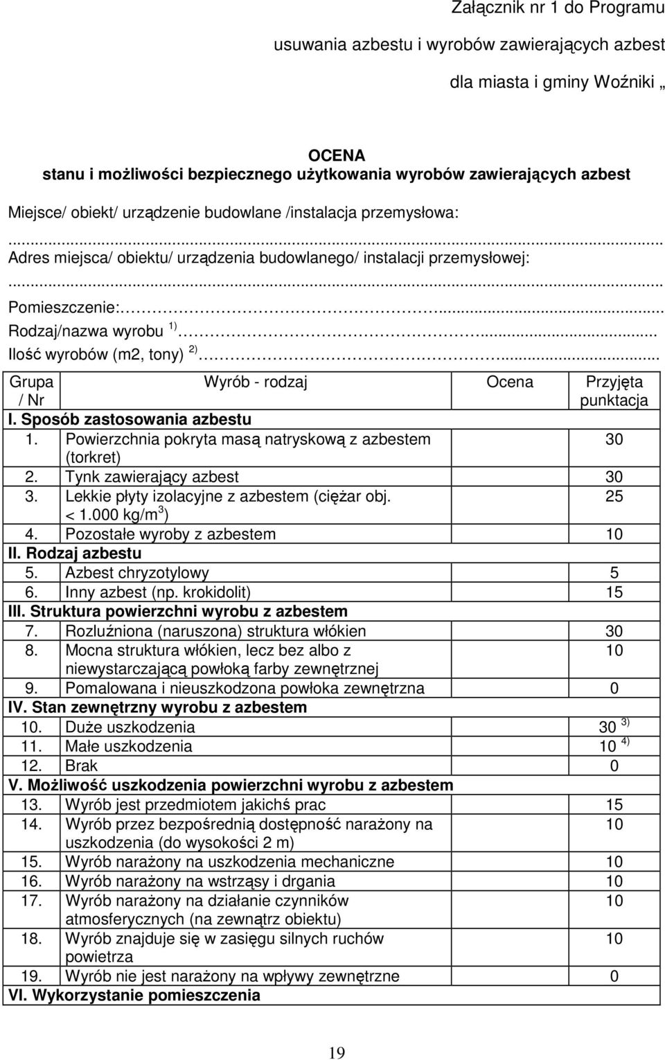 .. Grupa / Nr Wyrób - rodzaj Ocena Przyjęta punktacja I. Sposób zastosowania azbestu 1. Powierzchnia pokryta masą natryskową z azbestem 30 (torkret) 2. Tynk zawierający azbest 30 3.