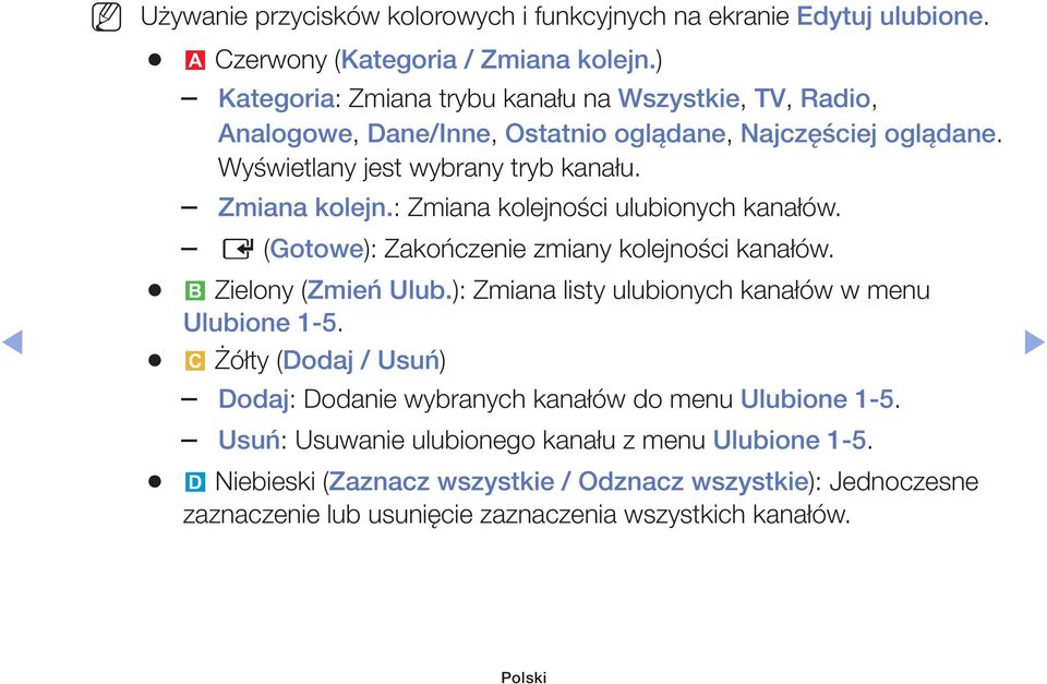 : Zmiana kolejności ulubionych kanałów. E (Gotowe): Zakończenie zmiany kolejności kanałów. b Zielony (Zmień Ulub.): Zmiana listy ulubionych kanałów w menu Ulubione 1-5.