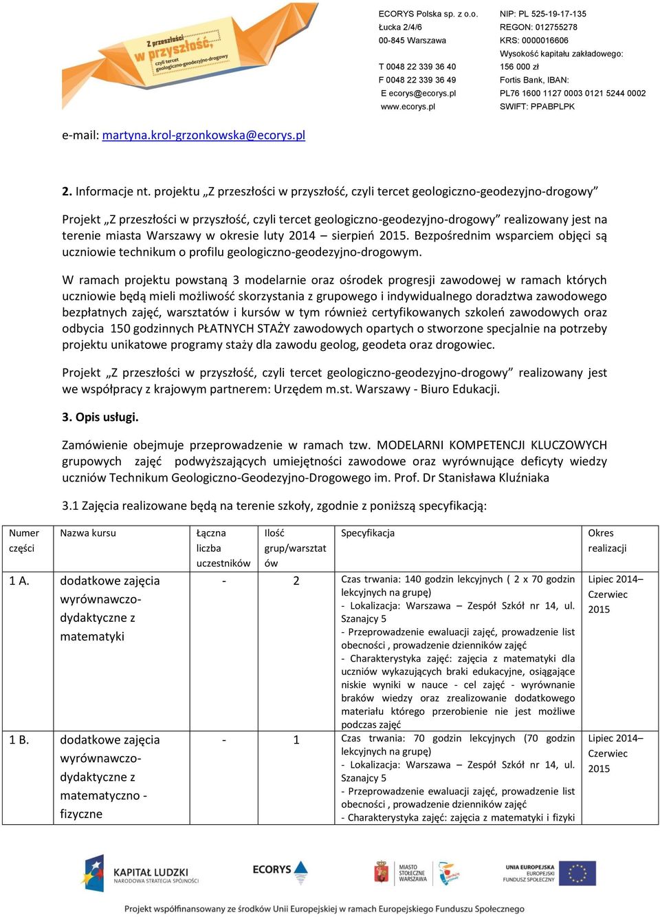 Warszawy w okresie luty 2014 sierpień. Bezpośrednim wsparciem objęci są uczniowie technikum o profilu geologiczno-geodezyjno-drogowym.